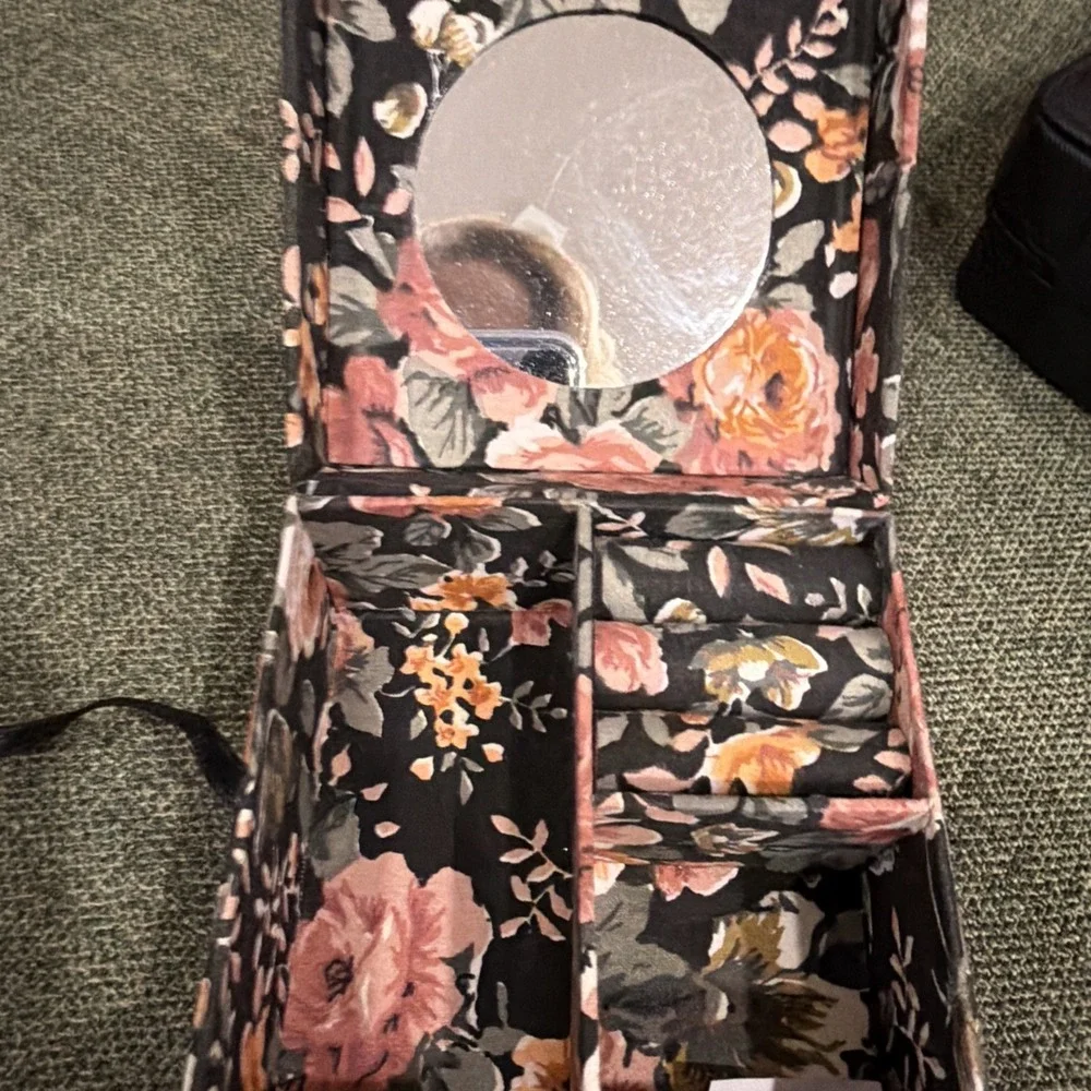 Jewelry Box Set 3 Pc Organizer Travel Case‎ Floral Mirror Velvet Storage